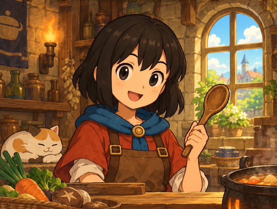 Mochiyuko smiling in her cozy kitchen, holding a wooden spoon